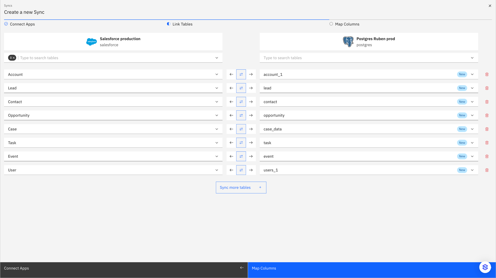 Stacksync Link Tables step mapping Salesforce objects to Postgres tables with two-way sync direction toggles